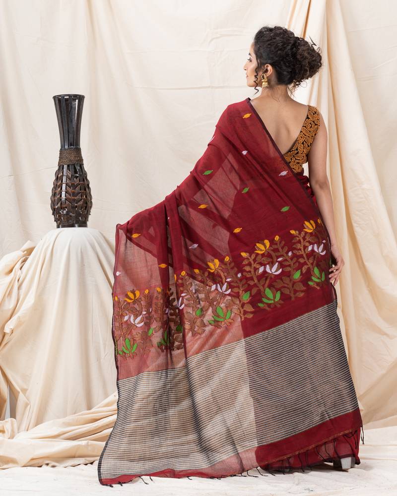 Traditional Maroon Cotton Soft Jamdani Saree