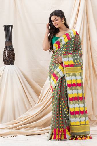 Traditional Moss Green Ball Soft Dhakai Jamdani Saree Without Blouse
