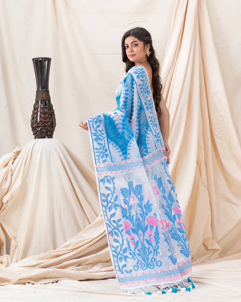 Traditional White Sky Blue Soft Dhakai Jamdani Saree Without Blouse