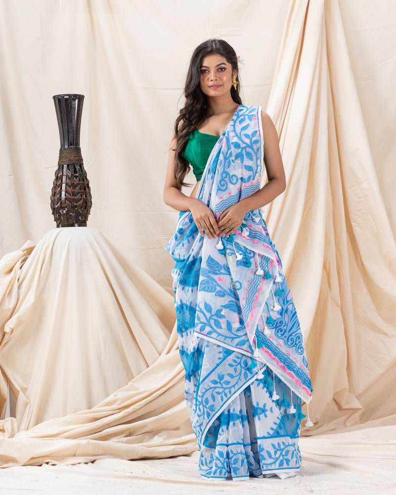 Traditional White Sky Blue Soft Dhakai Jamdani Saree Without Blouse