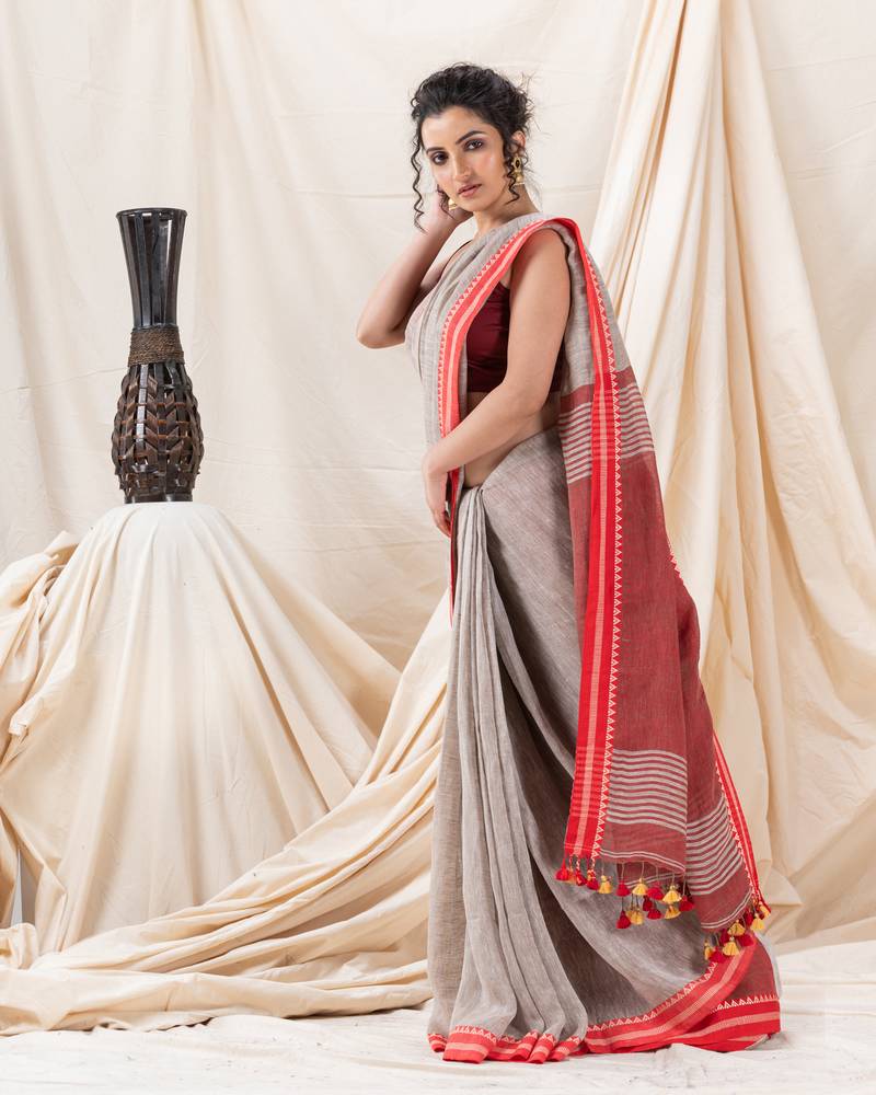Traditional Silver Grey Tangail Soft Linen Saree