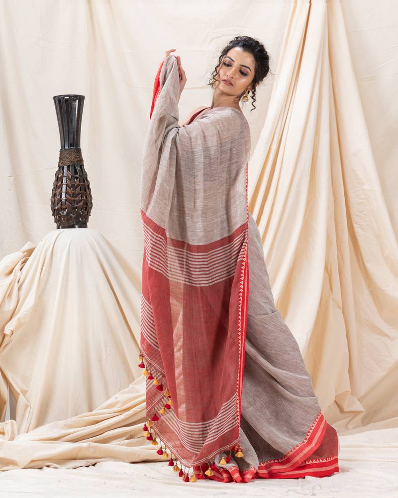 Traditional Silver Grey Tangail Soft Linen Saree