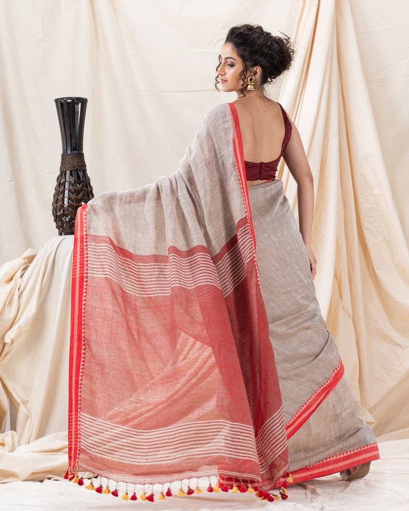 Traditional Silver Grey Tangail Soft Linen Saree