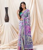 Traditional Silver Grey Pitcher Soft Dhakai Jamdani Saree Without Blouse