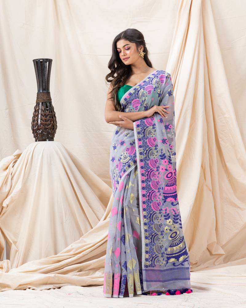 Traditional Silver Grey Pitcher Soft Dhakai Jamdani Saree Without Blouse