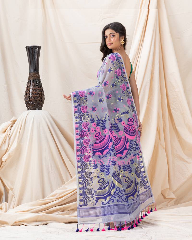 Traditional Silver Grey Pitcher Soft Dhakai Jamdani Saree Without Blouse