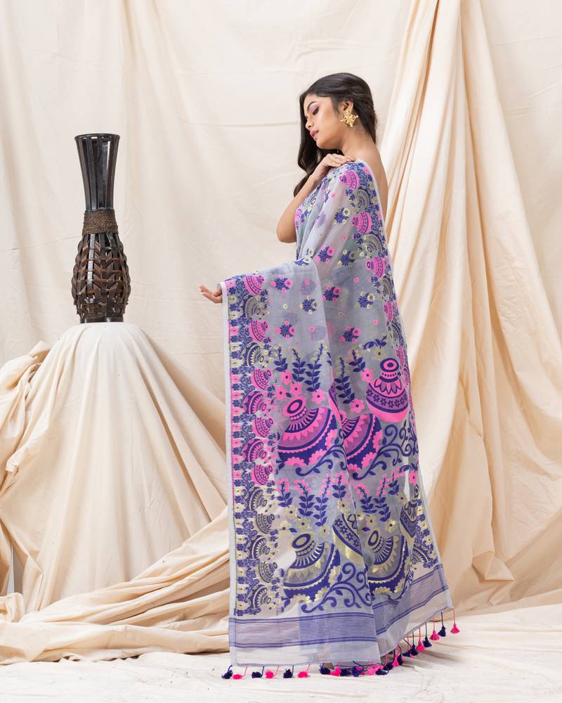 Traditional Silver Grey Pitcher Soft Dhakai Jamdani Saree Without Blouse