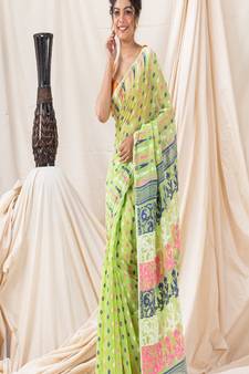 Traditional Lime Soft Dhakai Jamdani Saree Without Blouse