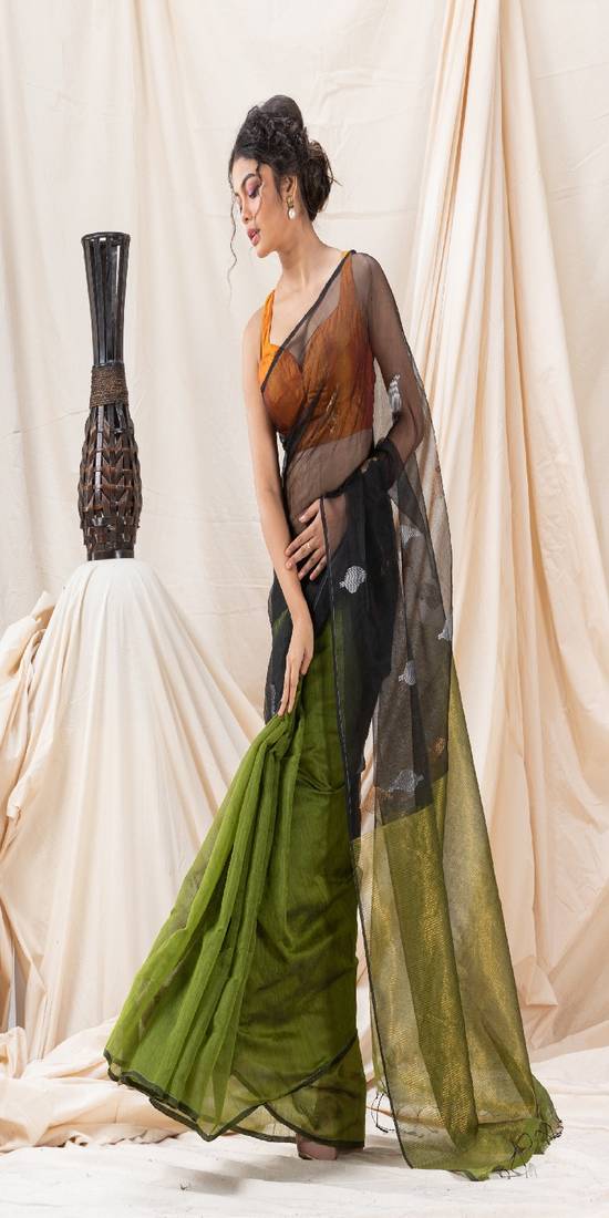 Traditional Black Moss Green Cotton Silk Fancy Jamdani Saree