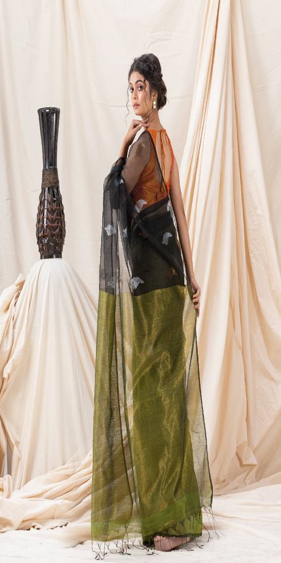 Traditional Black Moss Green Cotton Silk Fancy Jamdani Saree