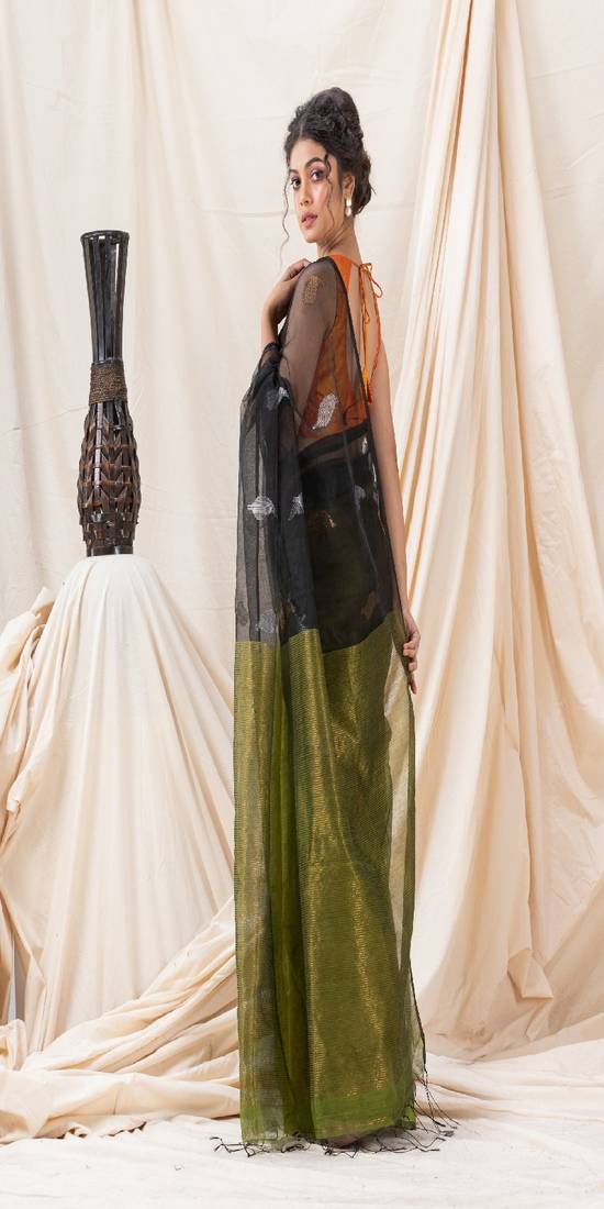 Traditional Black Moss Green Cotton Silk Fancy Jamdani Saree