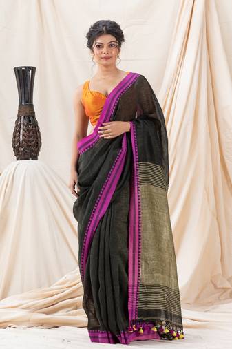 Traditional Dark Moss Green Soft Linen Tangail Saree