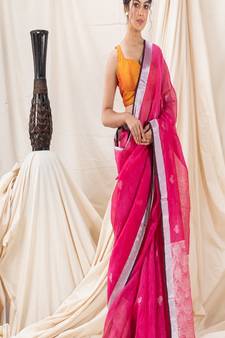 Traditional Deep Pink Handloom Silk Linen Saree