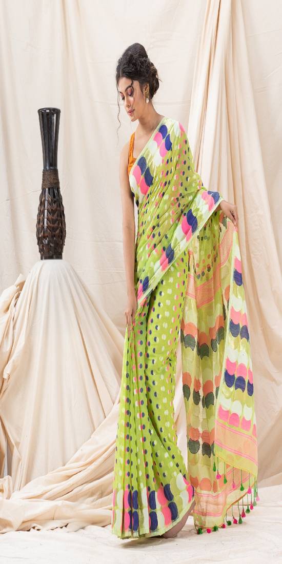 Traditional Lime Green Ball Soft Dhakai Jamdani Saree Without Blouse