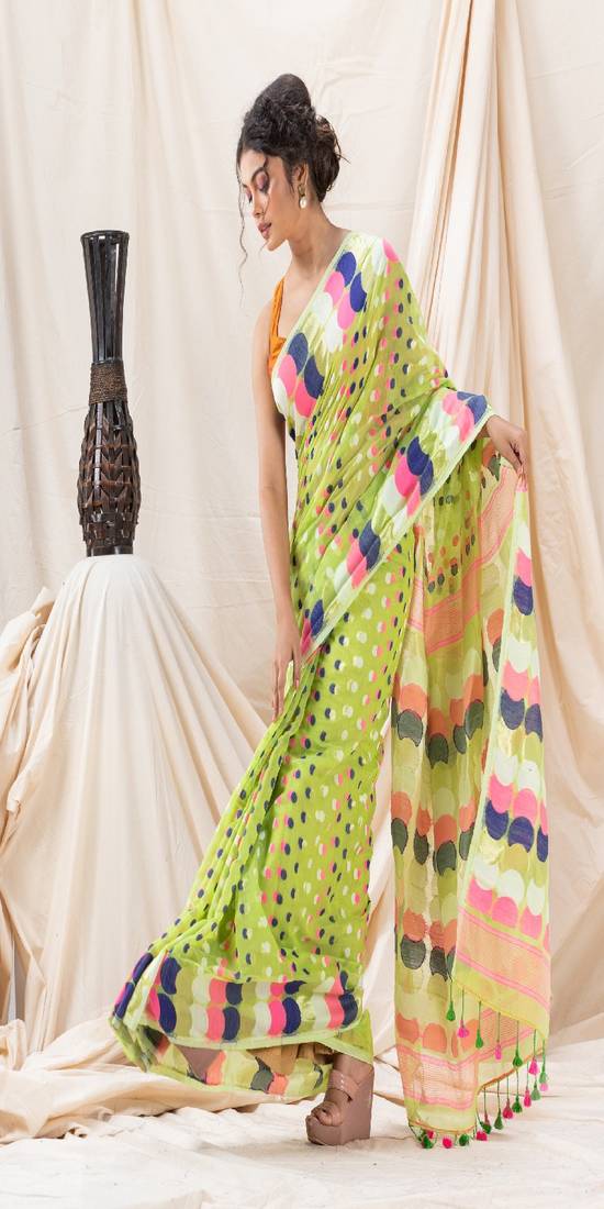 Traditional Lime Green Ball Soft Dhakai Jamdani Saree Without Blouse