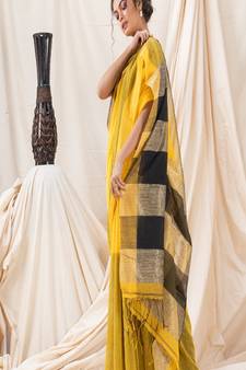 Traditional Yellow Cotton Blend Handloom Saree
