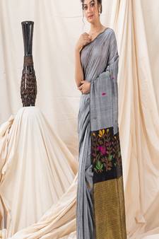 Traditional Silver Grey Soft Cotton Jamdani Saree