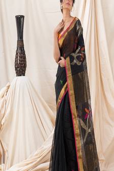 Traditional Black Cotton Silk Fancy Jamdani Saree