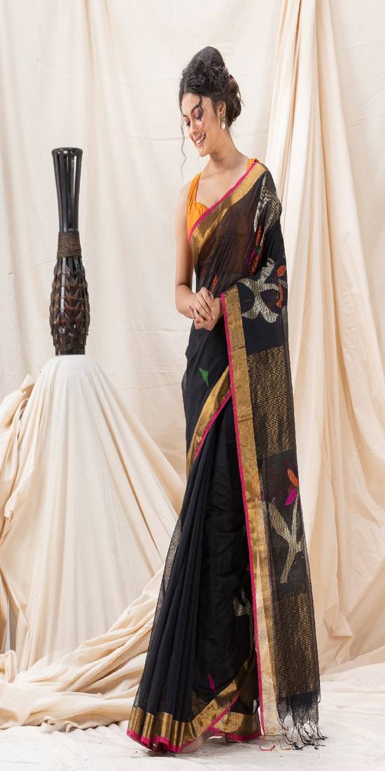 Traditional Black Cotton Silk Fancy Jamdani Saree