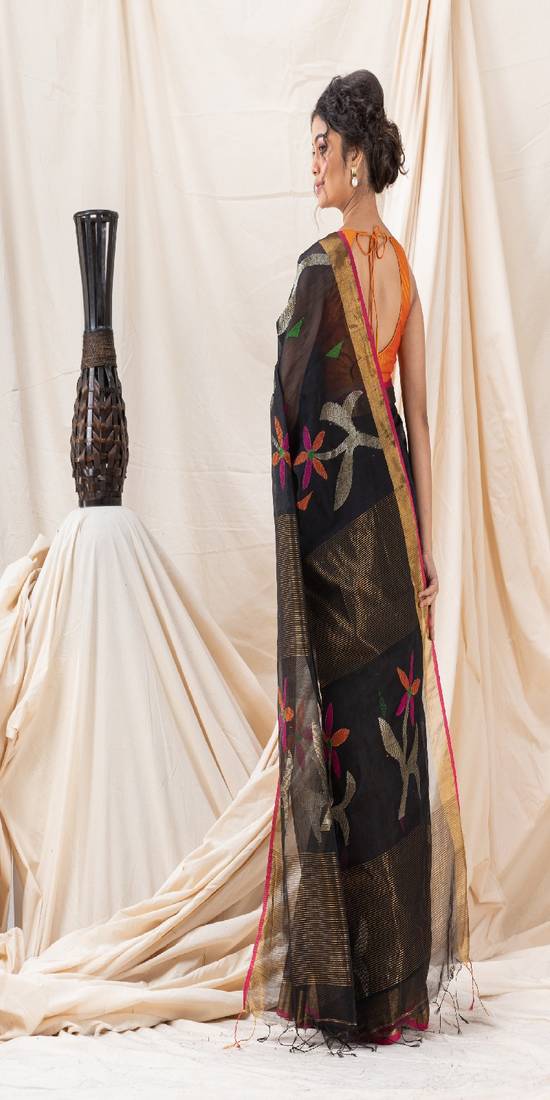 Traditional Black Cotton Silk Fancy Jamdani Saree