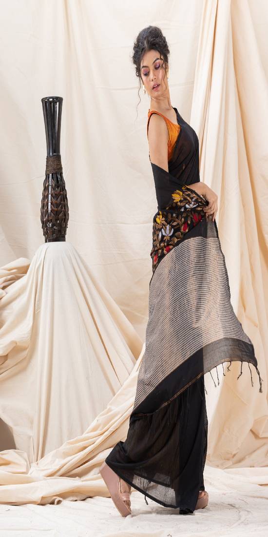 Traditional Black Soft Cotton Jamdani Saree