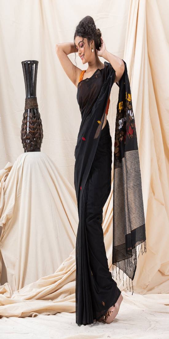 Traditional Black Soft Cotton Jamdani Saree