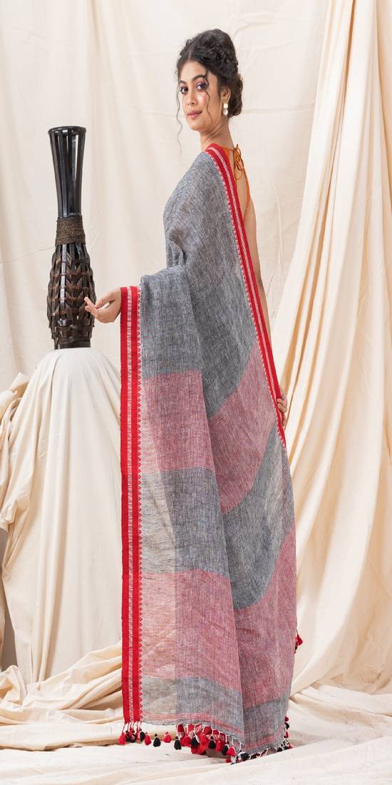Traditional Grey Handloom Soft Linen Saree