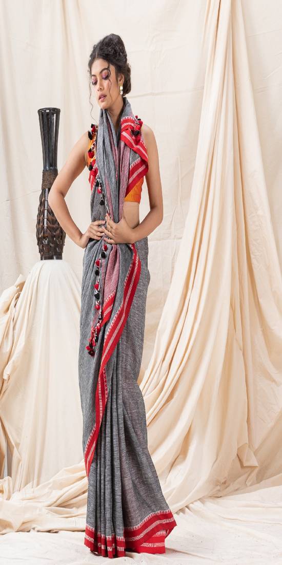 Traditional Grey Handloom Soft Linen Saree