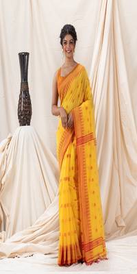 Traditional Yellow Cotton Blend Handloom Saree 1