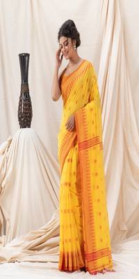 Traditional Yellow Cotton Blend Handloom Saree 2
