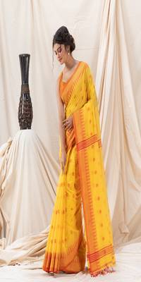 Traditional Yellow Cotton Blend Handloom Saree 3
