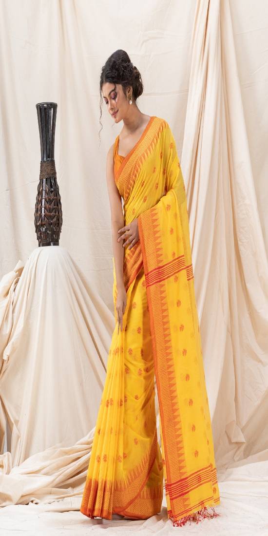 Traditional Yellow Cotton Blend Handloom Saree