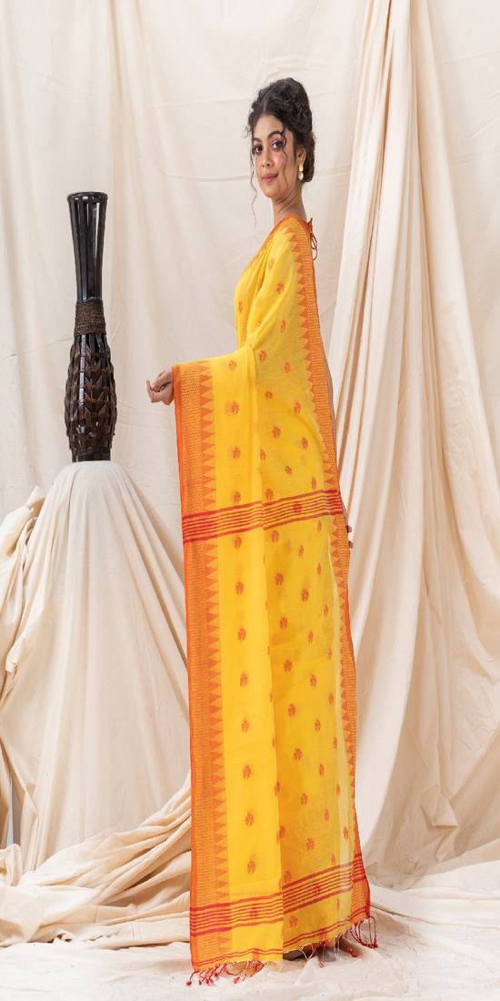 Traditional Yellow Cotton Blend Handloom Saree