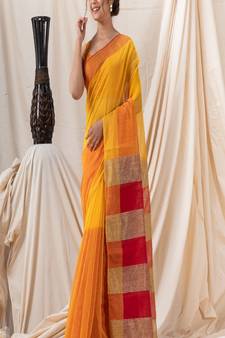 Traditional Yellow Cotton Blend Handloom Saree