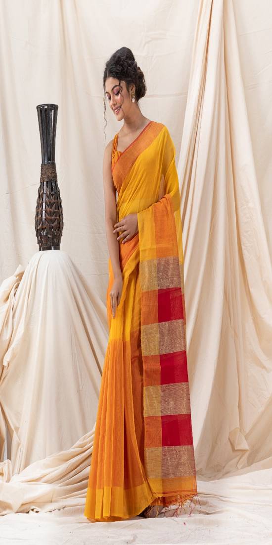 Traditional Yellow Cotton Blend Handloom Saree