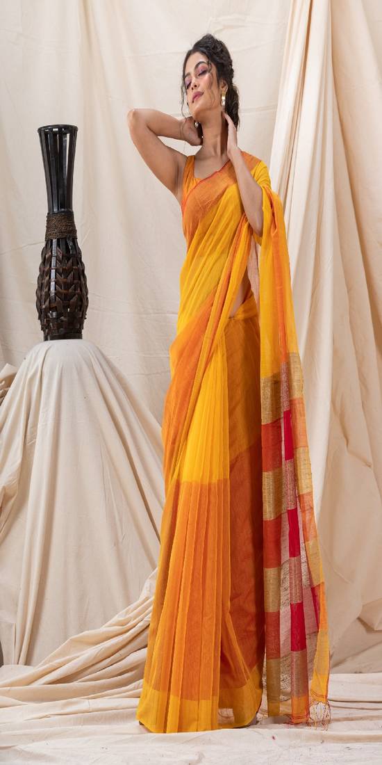 Traditional Yellow Cotton Blend Handloom Saree