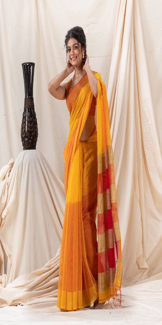 Traditional Yellow Cotton Blend Handloom Saree