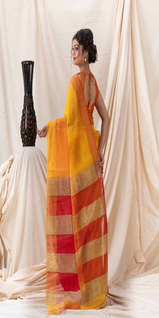 Traditional Yellow Cotton Blend Handloom Saree