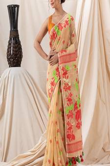 Traditional Tan Flower Soft Dhakai Jamdani Saree Without Blouse