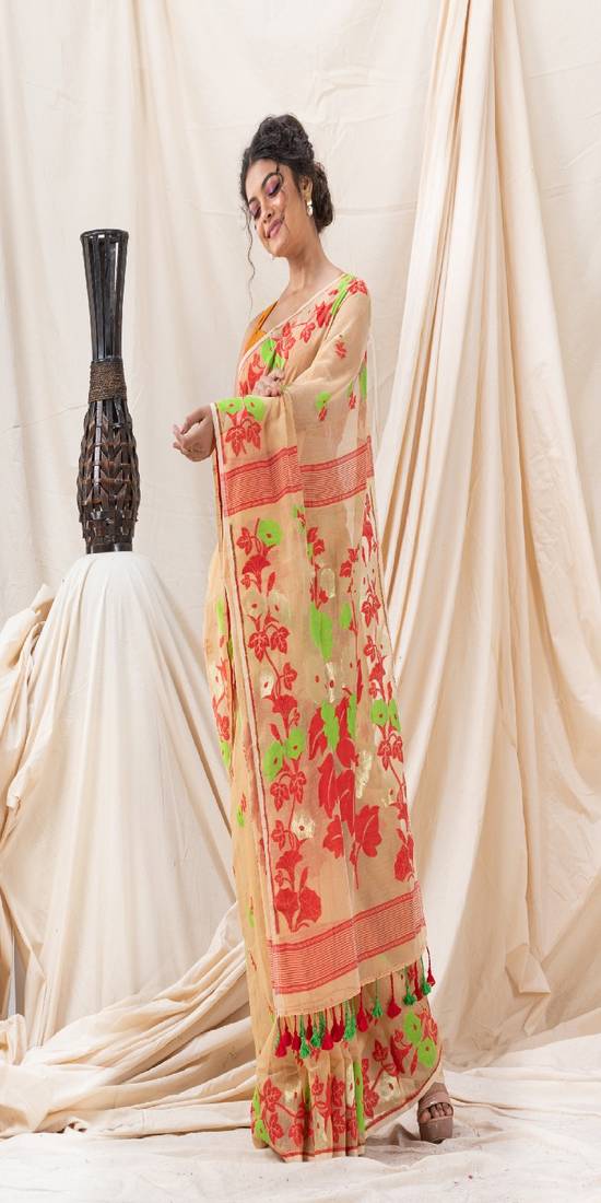 Traditional Tan Flower Soft Dhakai Jamdani Saree Without Blouse