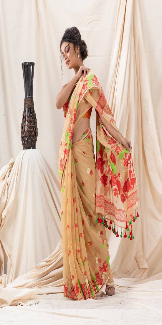 Traditional Tan Flower Soft Dhakai Jamdani Saree Without Blouse