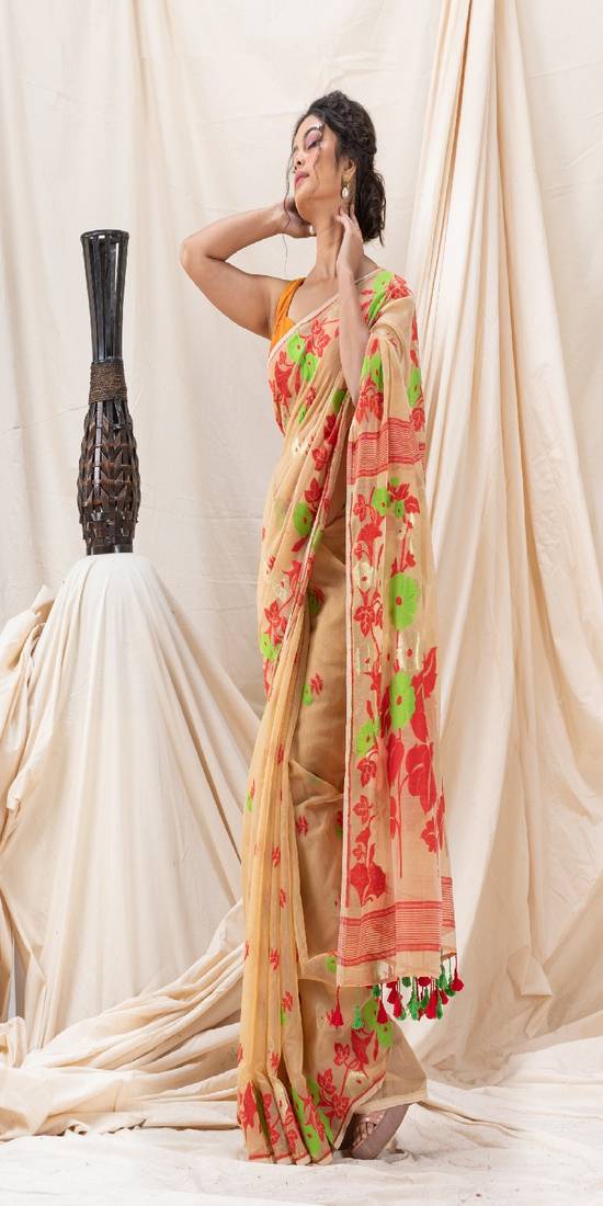 Traditional Tan Flower Soft Dhakai Jamdani Saree Without Blouse