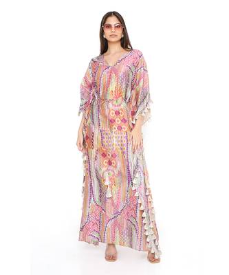 Multicolor African Print Silkmul Kaftan With Tassels 1