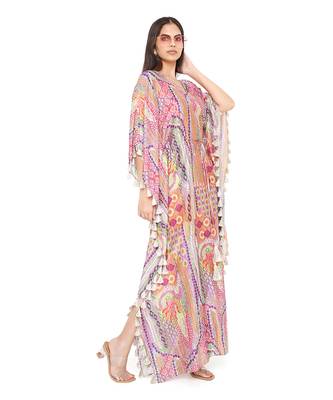 Multicolor African Print Silkmul Kaftan With Tassels 2