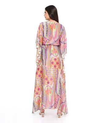 Multicolor African Print Silkmul Kaftan With Tassels 3