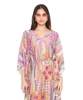 Multicolor African Print Silkmul Kaftan With Tassels 4