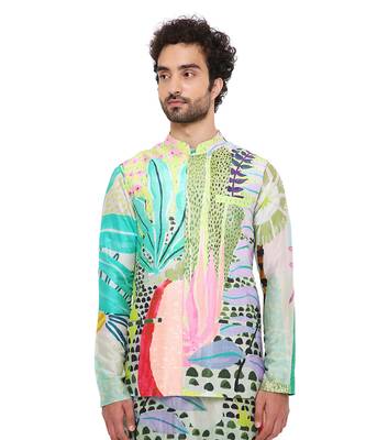 Monet Tropical Print Dupion Silk Bandi With Silkmul Kurta And Churidar 5