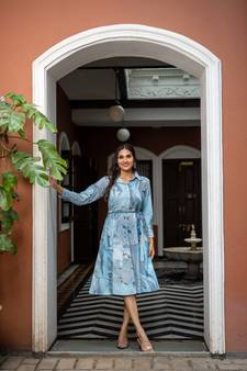 Weavllite Women's Blue  Cotton Marble print Dress