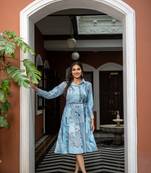 Weavllite Women's Blue  Cotton Marble print Dress