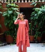 Weavllite Women's Peach  Pure Cotton Block printed Kurta Set